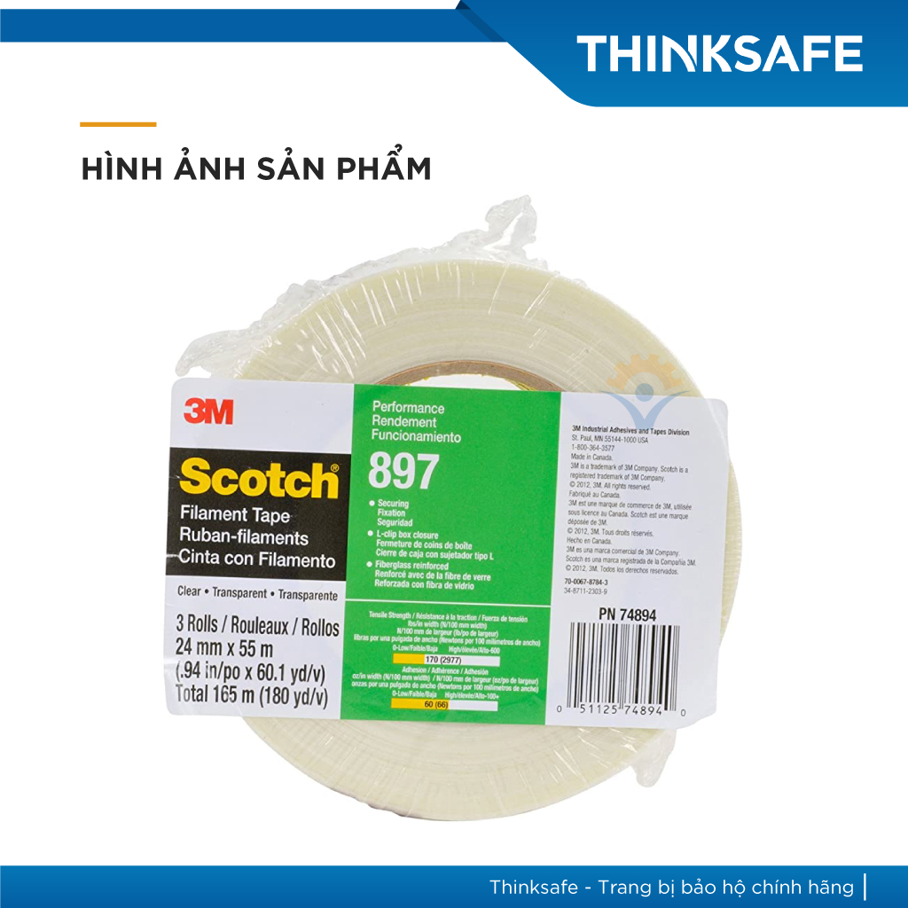 Băng keo một mặt 3M Scotch Filament Tape 897 gia cường, sợi thuỷ tinh (cuộn 55m) - Thinksafe