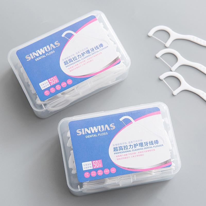 Hộp 50 Cây Tăm Chỉ Nha Khoa Tiệt Trùng Sợi Chỉ Mảnh 2In1 Bảo Vệ Răng Lợi Giúp Sạch Sẽ Không Gây Hôi Miệng Chuyên Dụng