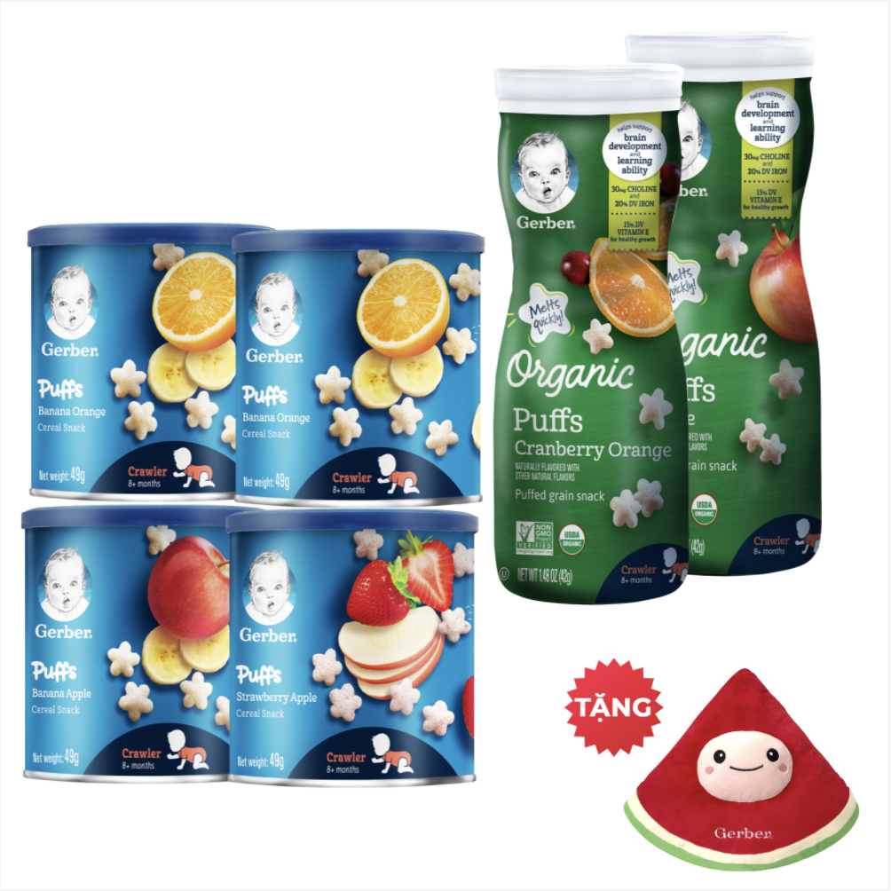 Combo 06 Bánh Ăn Dặm Gerber (2 Gerber Puffs Cam Chuối + 1 Gerber Puffs Chuối Táo + 1 Gerber Puffs Táo Dâu + 1 Gerber Organic Nam Việt Quất Cam + 1 Gerber Organic Táo) TẶNG Gối Ôm Dưa Hấu