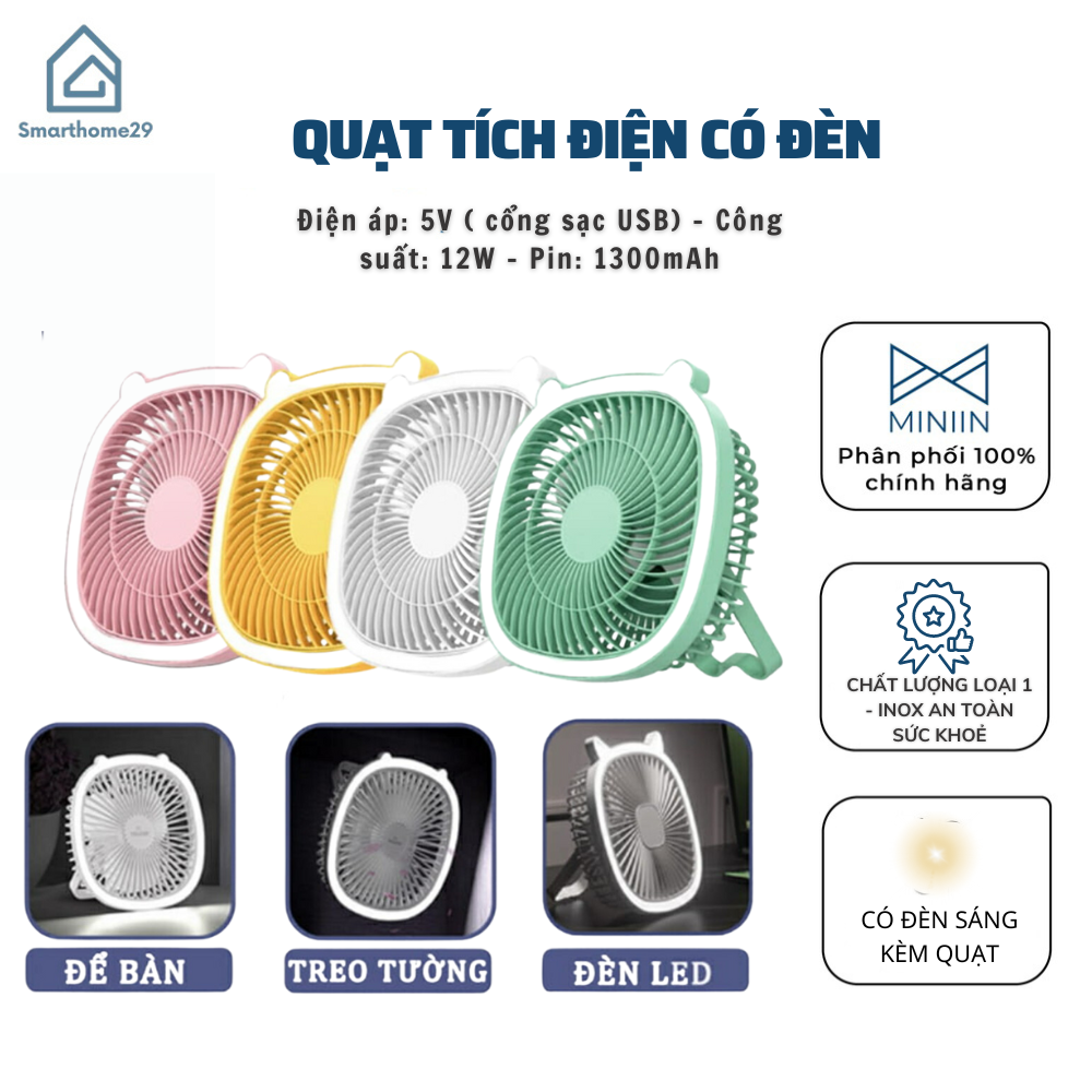 Quạt Tích Điện Đa Năng Có Đèn, Quạt Treo Tường, Để Bàn Kiêm Đèn Ngủ 3 In 1, Quạt Cầm Tay Tích Hợp Đèn Led Pin 1300mAh - HÀNG CHÍNH HÃNG MINIIN