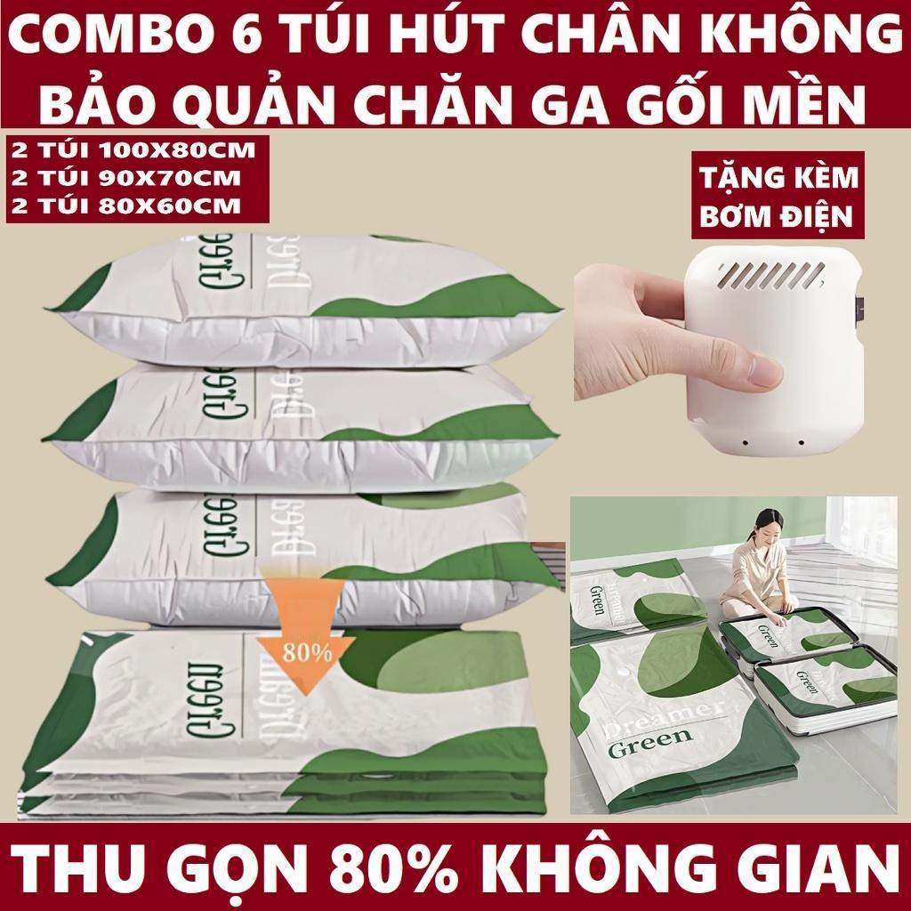 Combo 6 Túi Hút Chân Không Đựng Chăn Màn, Quần Áo Kèm Bơm Điện Đa Năng, Chống Ẩm Mốc Bụi, Bảo Quản Quần Áo Chăn Gối Mền