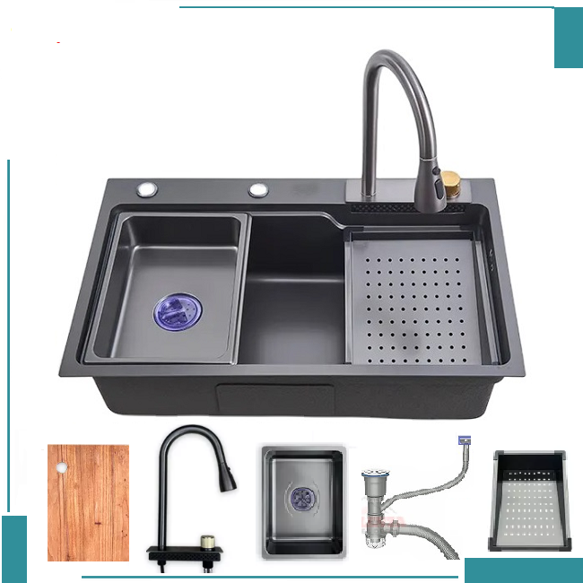 Bồn chậu rửa chén bát 1 hố lớn nano đen Valenza kèm vòi liền thác nước + vòi rút dây 3 chế độ, 2 khay phụ inox, thớt gỗ, bộ xả to-Hàng chính hãng
