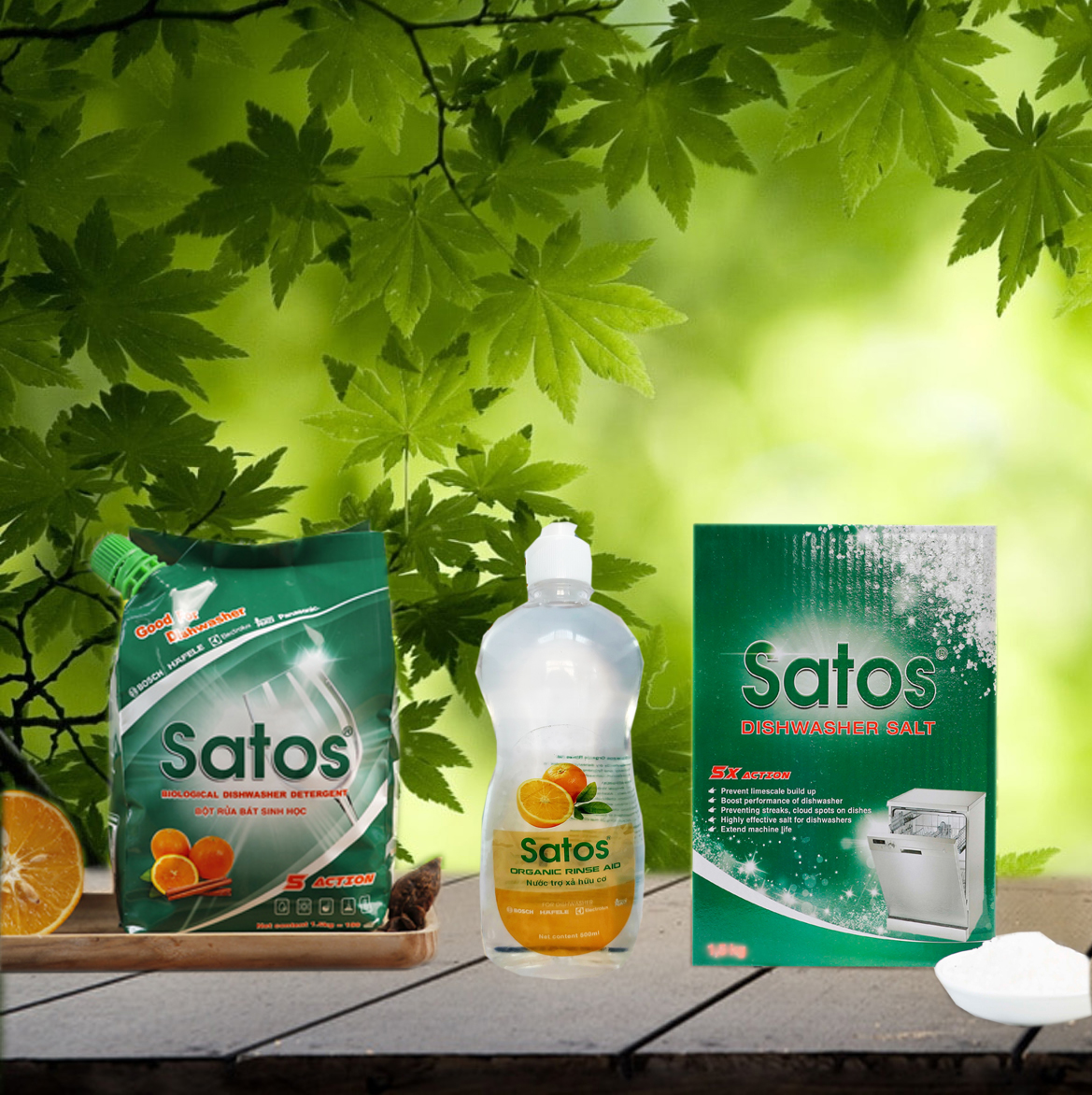 Combo bột rửa bát sinh học Satos 1.5kg + nước bóng hữu cơ Satos 500ml + muối Satos 1.5kg