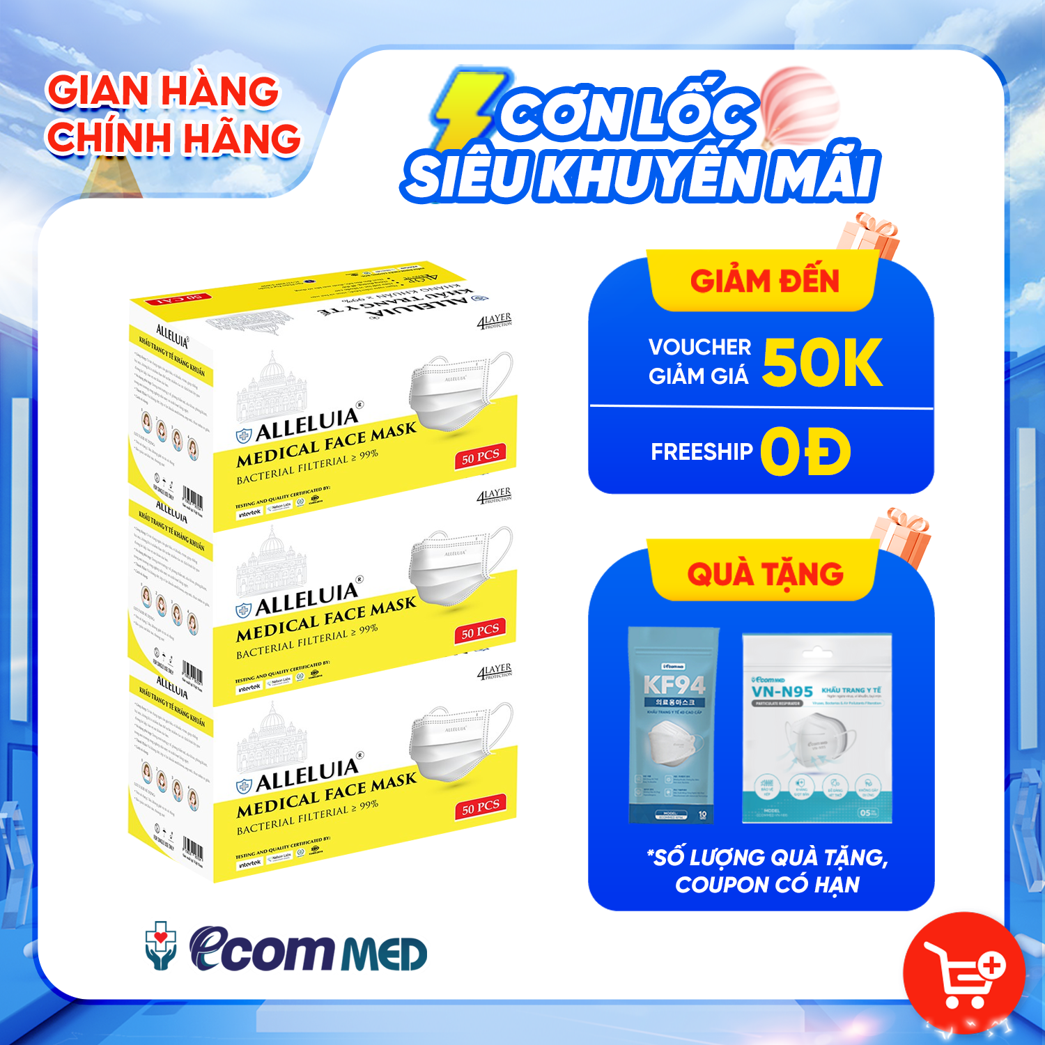 Combo 3 hộp Khẩu Trang y tế Alleluia 4 Lớp Kháng Khuẩn 99%