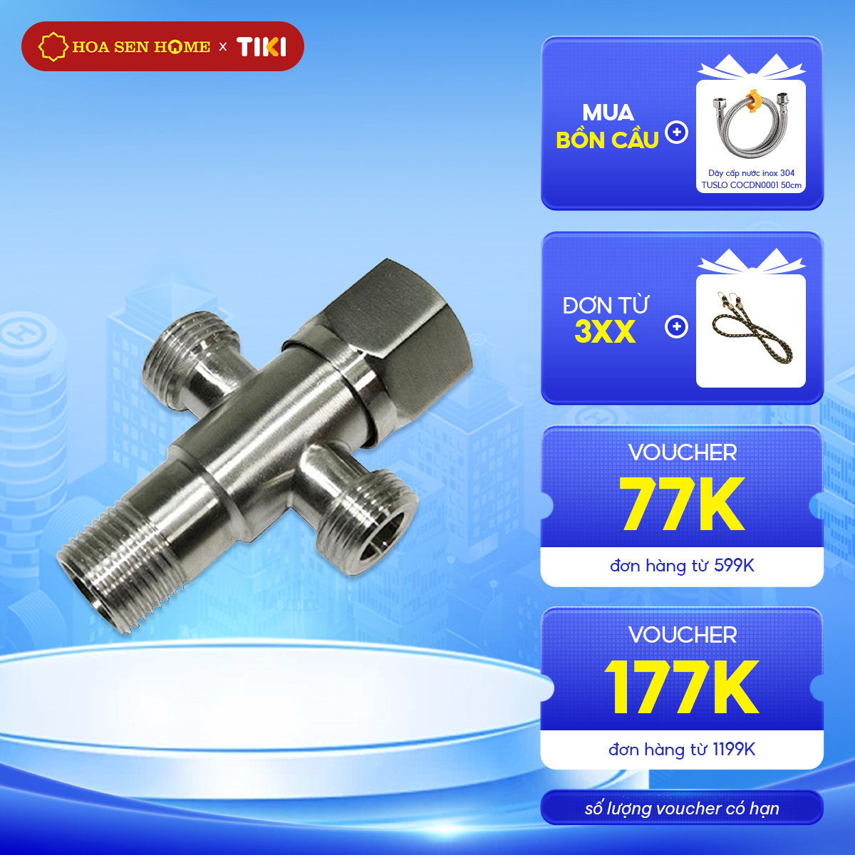 Van góc chữ T 304 TUSLO COCVT0001 1 đầu cấp nước và 2 nhánh cấp ra, có khóa, inox 304 không gỉ sét - Hoa Sen Home - Hàng chính hãng