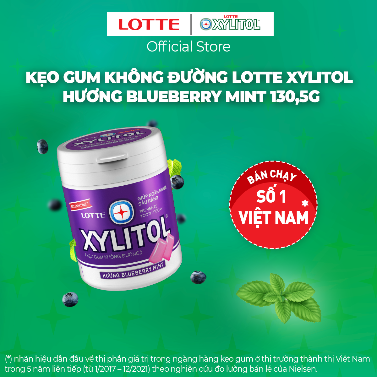 Combo 6 hũ Kẹo Gum không đường Lotte Xylitol - Hương Blueberry Mint 130,5 g