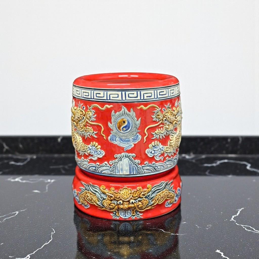 Bộ đồ thờ RỒNG VIỆT men đỏ đắp nổi, gốm sứ Bát Tràng tinh xảo, sản phẩm cao cấp cho thờ cúng