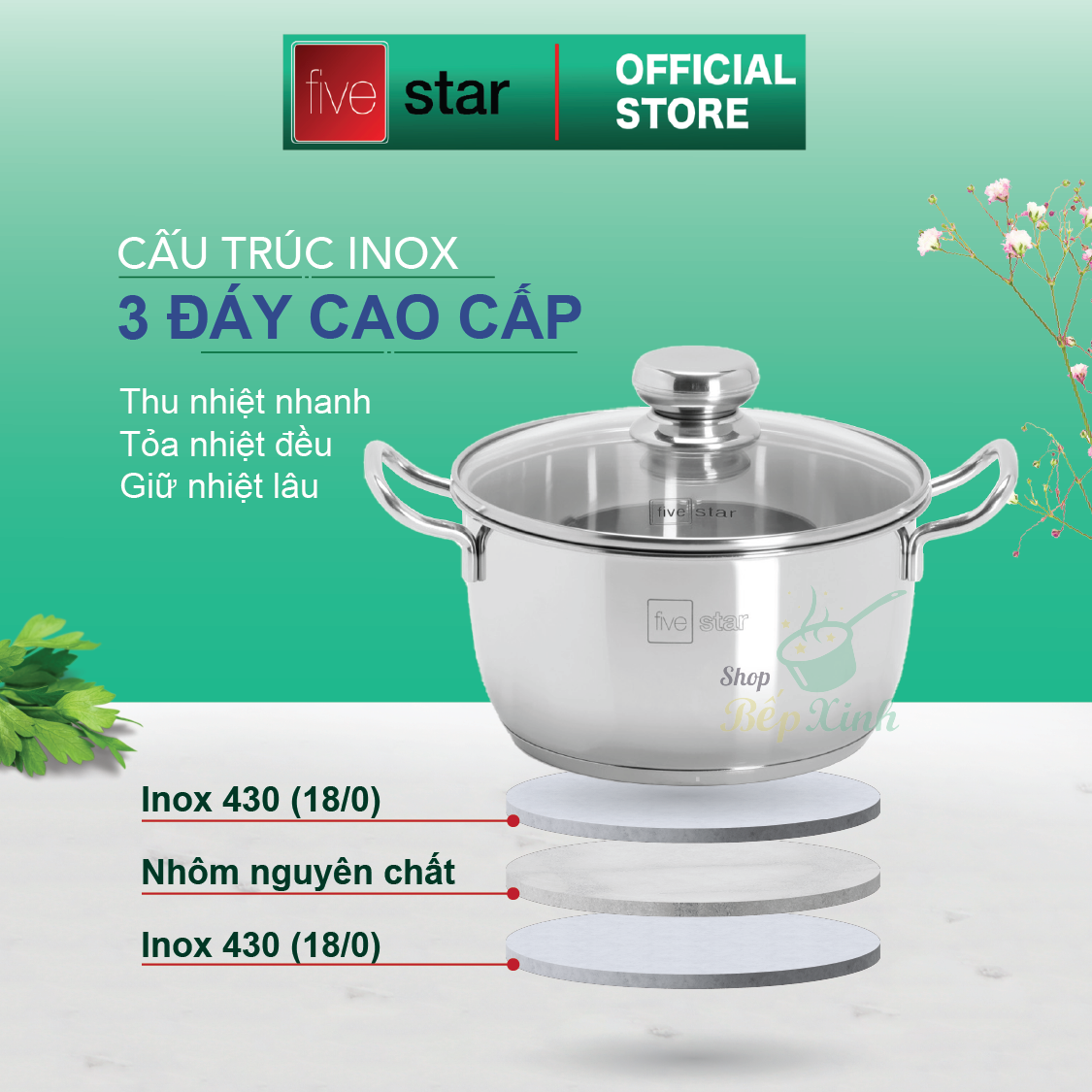 Bộ nồi inox đáy từ Fivestar 3 món nắp kính 3 đáy sandwich dùng được mọi bếp , tặng 1 vá canh