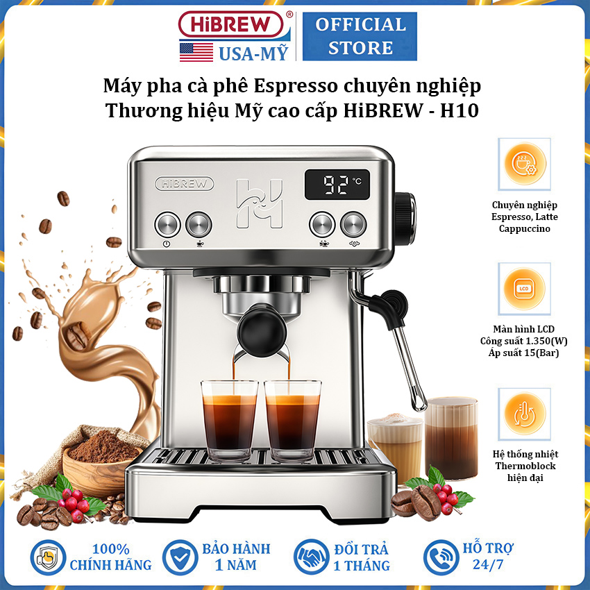 Máy pha cà phê chuyên nghiệp Espresso, Cappuccino, Latte thương hiệu Mỹ cao cấp HiBREW H10 - Công suất 1350W - Hàng chính hãng