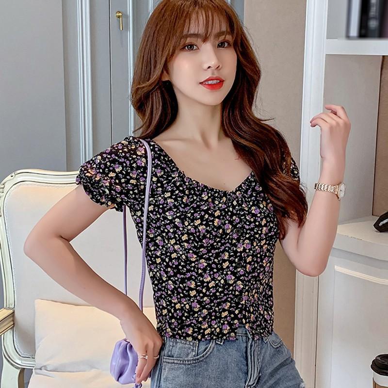 Áo Kiểu Chiffon Tay Ngắn Cổ Vuông In Họa Tiết Xinh Xắn Cho Nữ