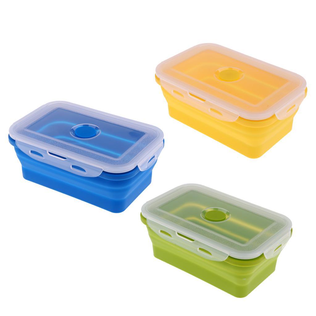 3x Silicone Folding Collapsible Bento Box Stackable Food Storage Container