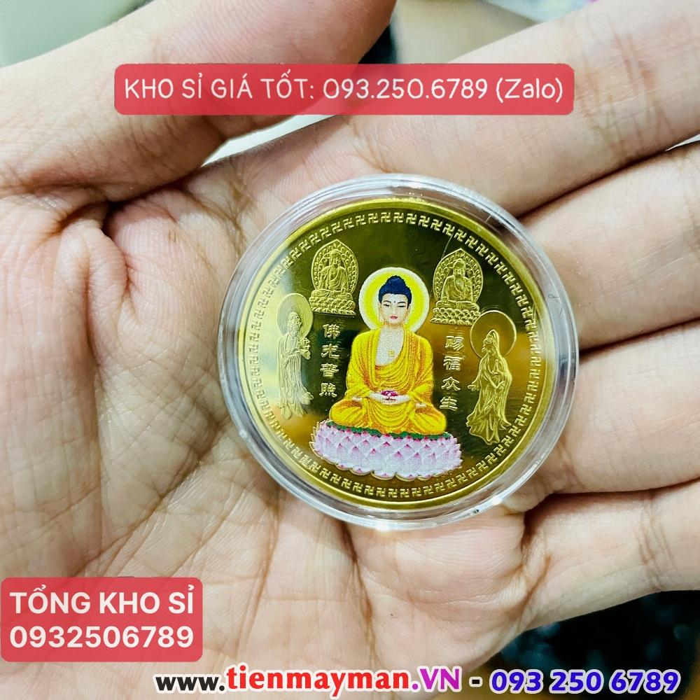 Đồng Xu Phật Tổ Như Lai Màu Phong Thuỷ May Mắn, tặng túi gấm đỏ