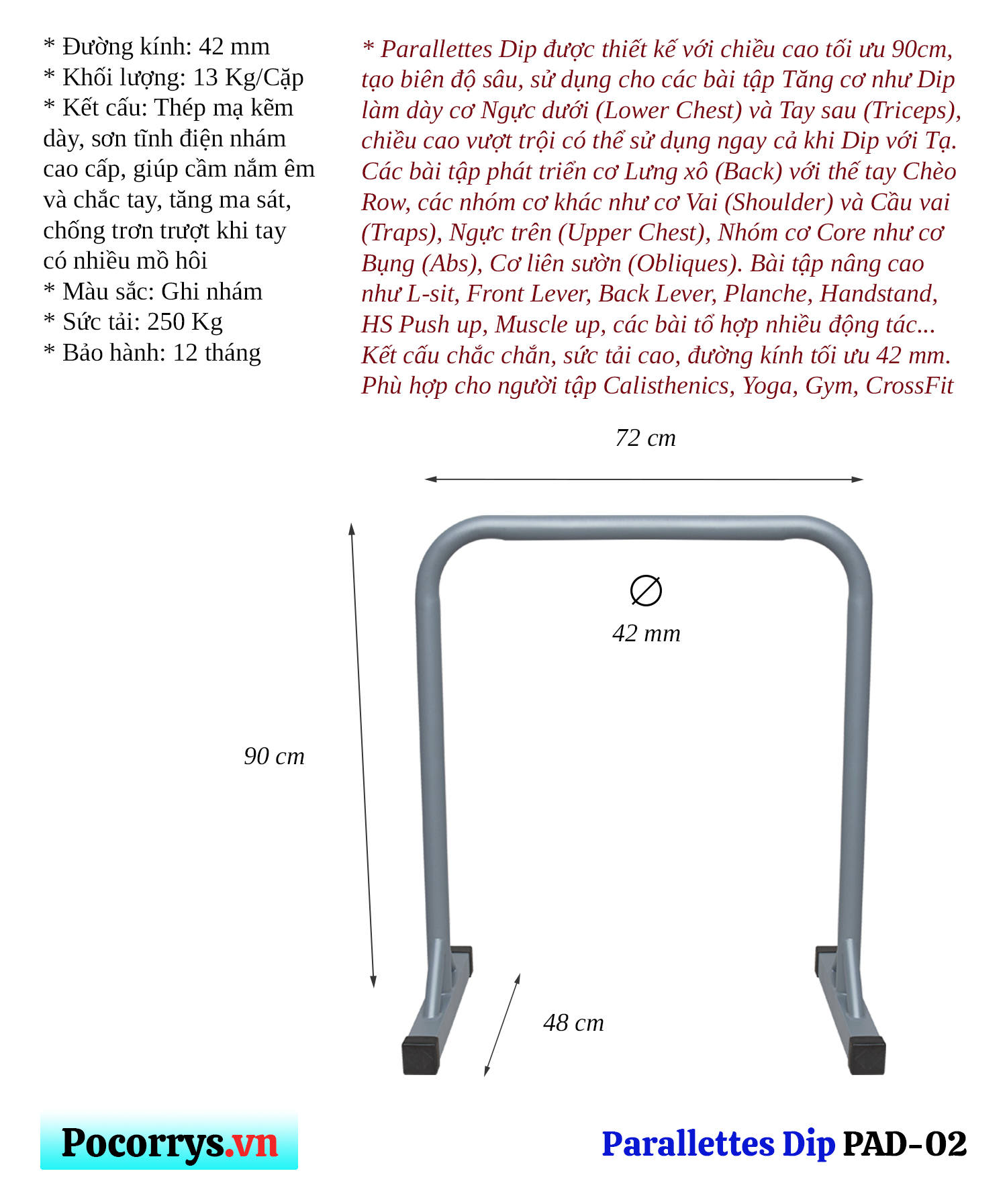 Xà kép Parallettes Dip cao 90cm, Pocorrys PAD-02, Màu ghi