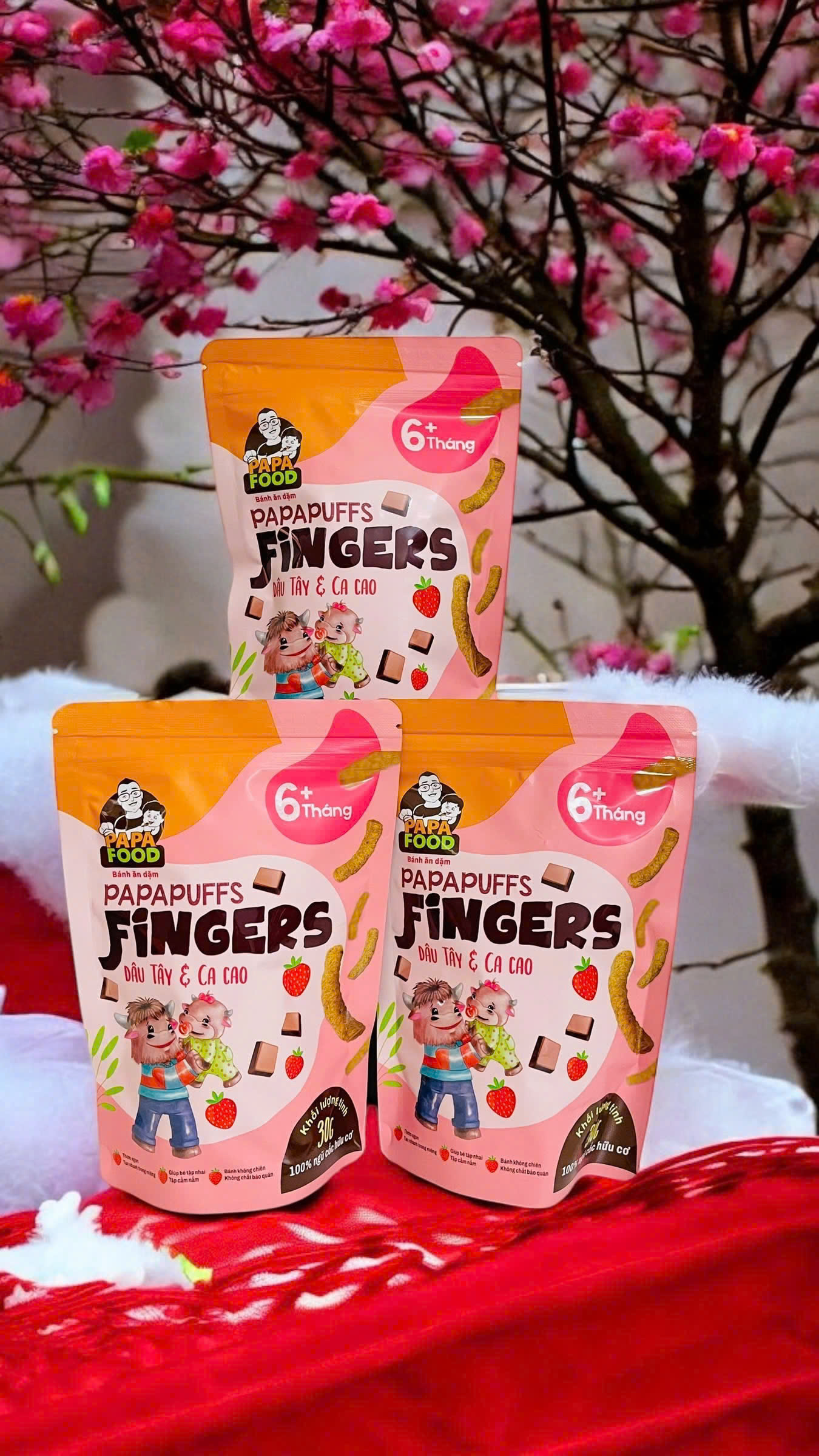 Bánh ăn dặm PAPAFOOD PAPAPUFFS Vị Dâu Tây &amp; Ca Cao - 100% Ngũ Cố Hữu Cơ - Gói 30G