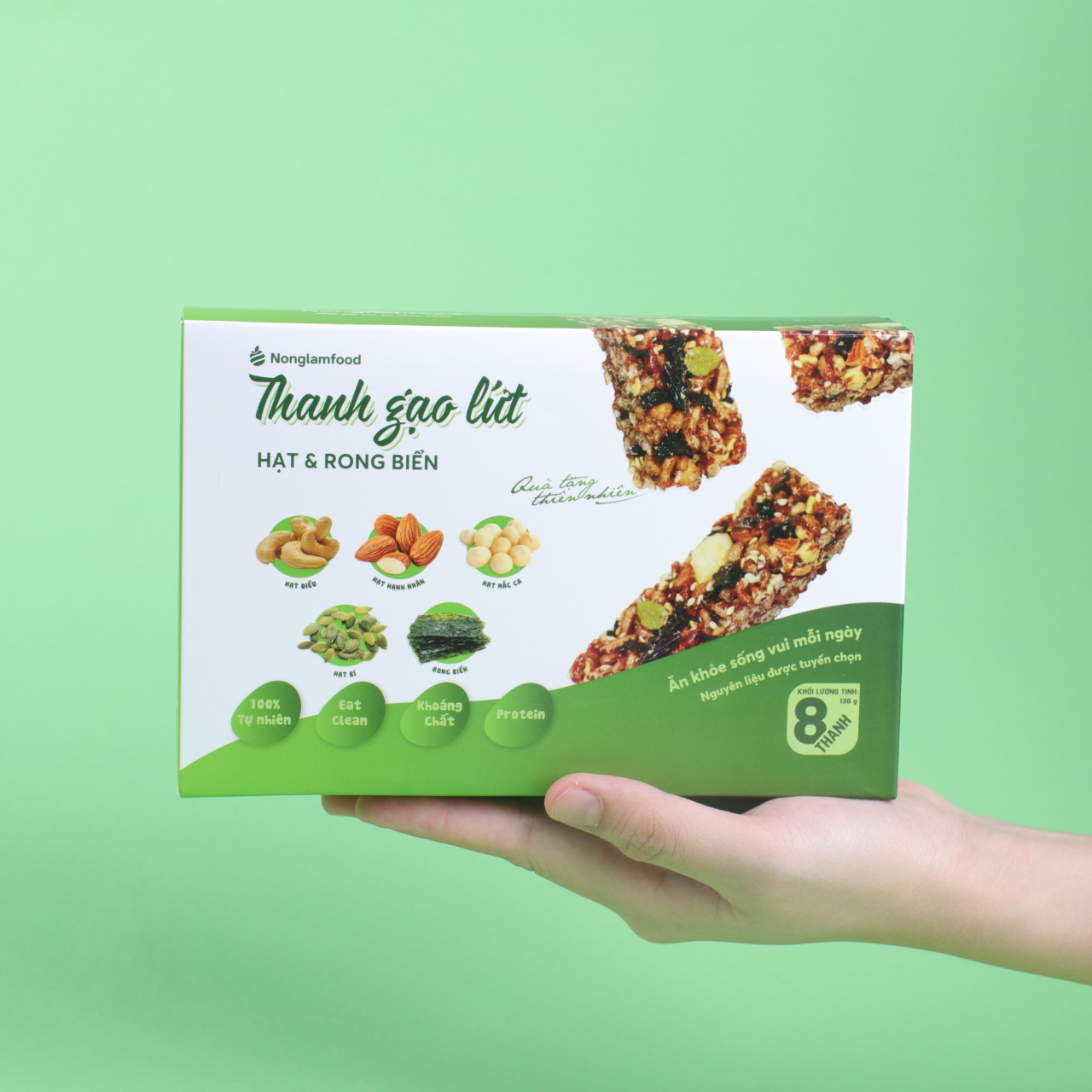 [THUẦN CHAY] Thanh gạo lứt Hạt &amp; Rong Biển Nonglamfood hộp 8 thanh 136g | Chay mặn đều dùng được | Hỗ trợ ăn kiêng giảm cân | Bữa ăn dinh dưỡng thay thế lành mạnh