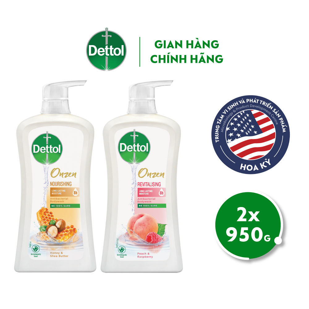 COMBO 2 CHAI SỮA TẮM DETTOL ONZEN MẬT ONG KHÁNG KHUẨN DƯỠNG THỂ VÀ DƯỠNG DA ĐÀO &amp; PHÚC BỒN TỬ (950G/CHAI)
