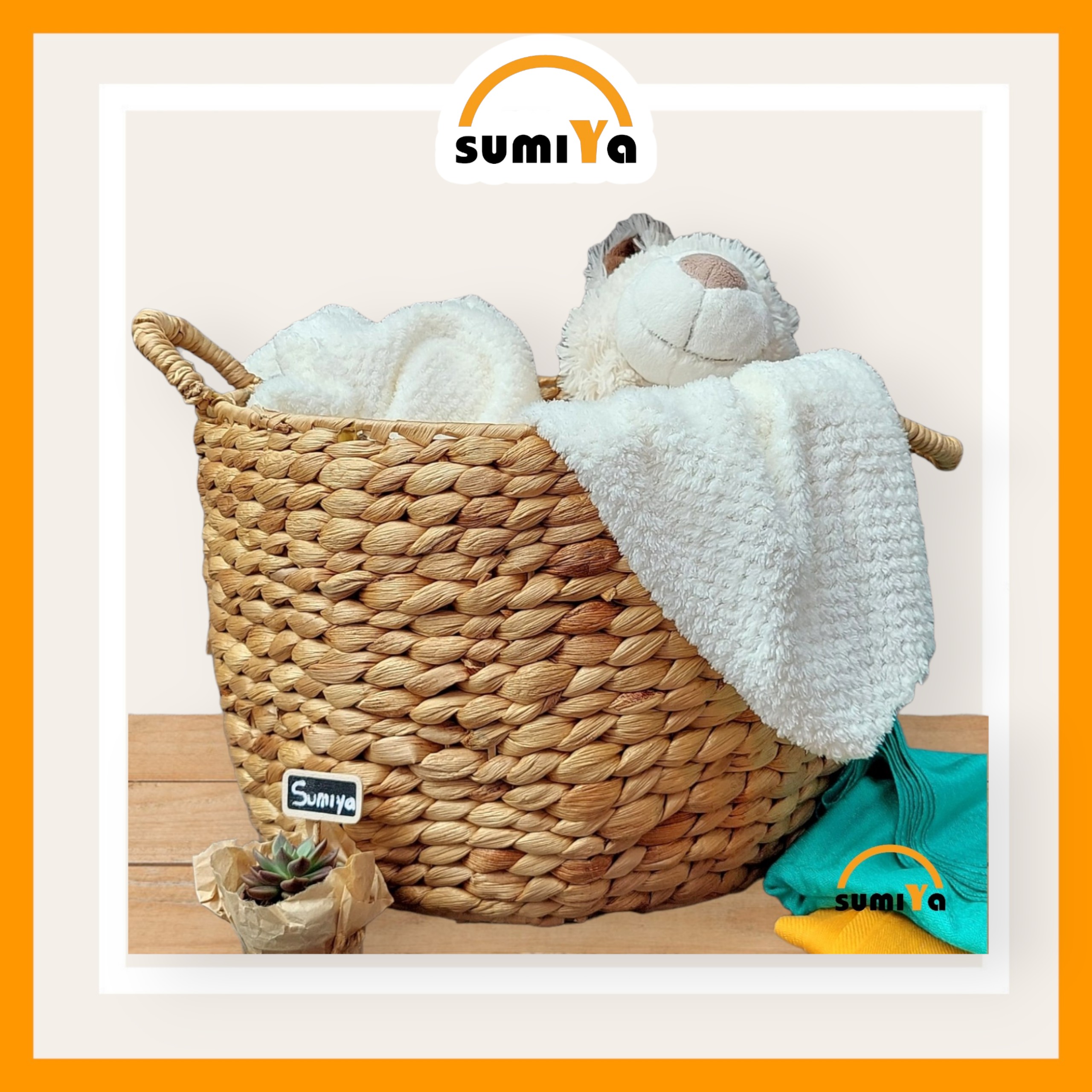 Giỏ lục bình tròn đan hạt gạo có quai, đựng dụng cụ quần áo