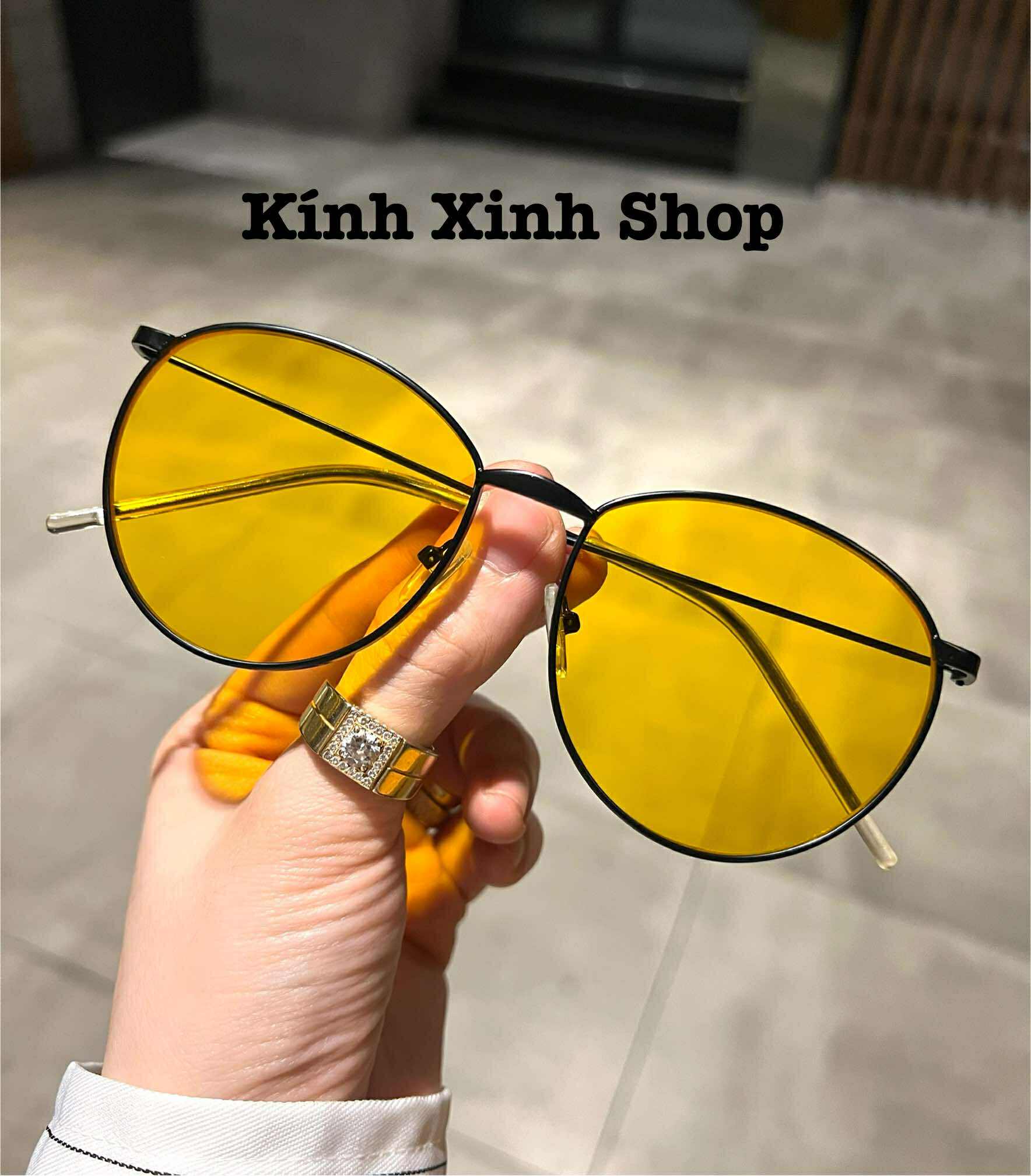 Kính râm Mắt tròn vàng thiết kế đơn giản đi ngày đêm + Tặng hộp đựng, khăn lau