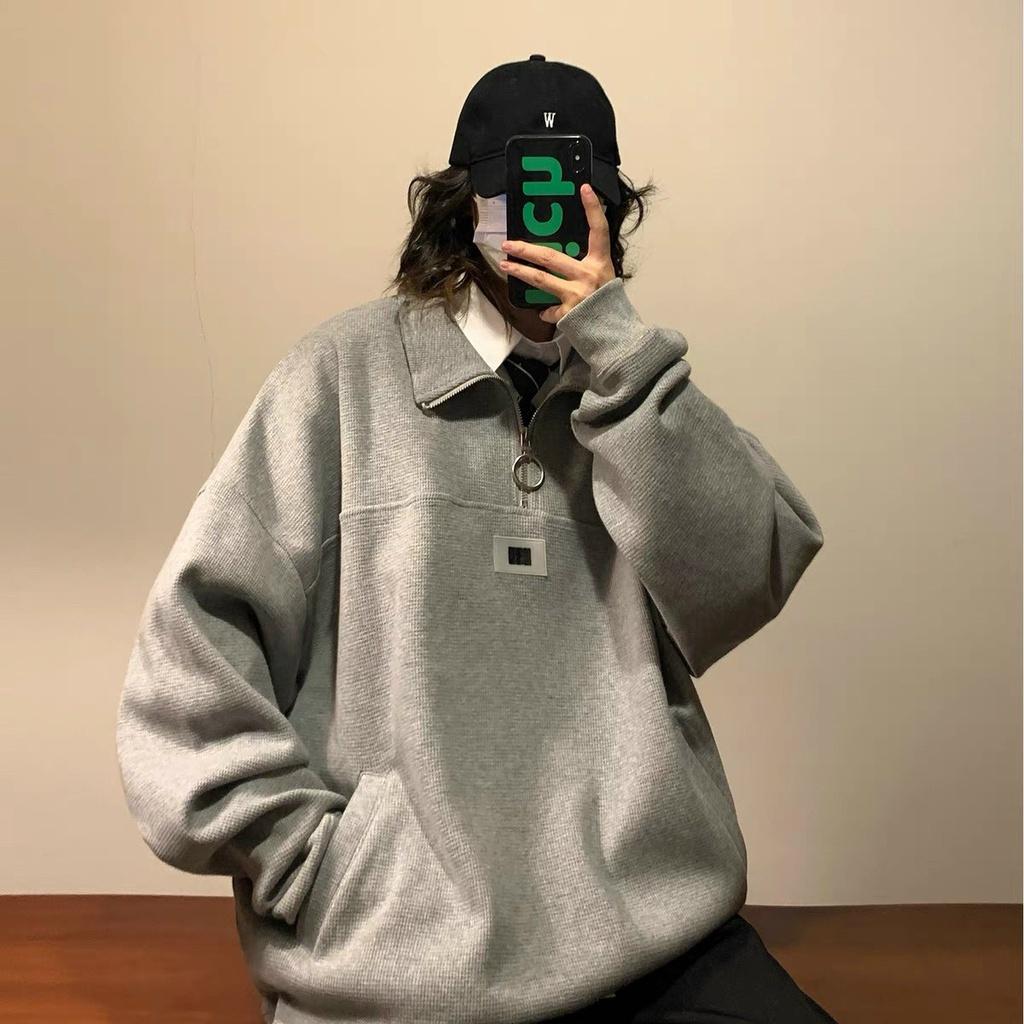 Áo Sweater Zip Nỉ Nam Nữ Unisex Cổ Cao Dáng Thụng Logo Trước