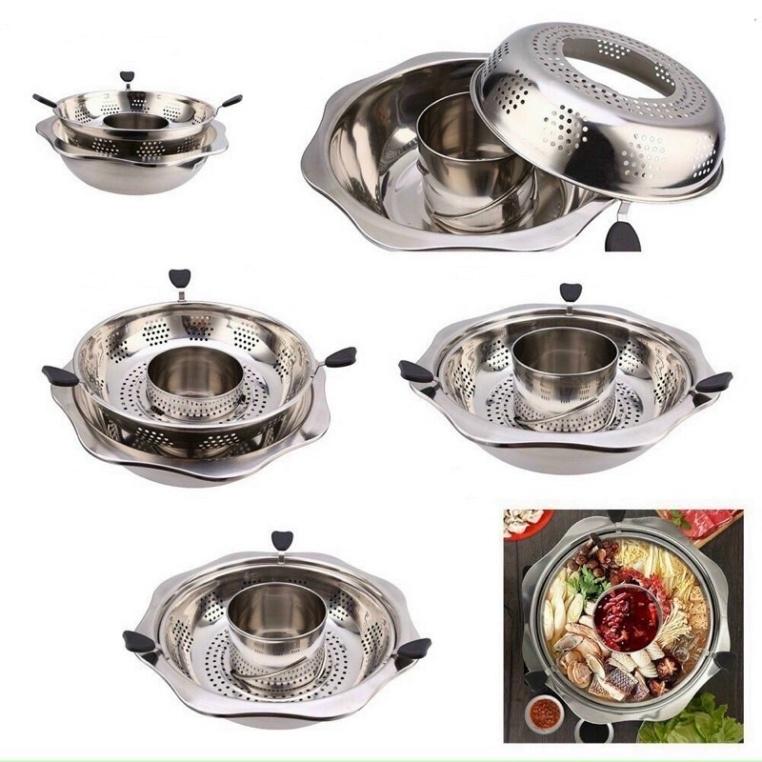 Nồi lẩu xoay 2 tầng inox Hàn Quốc, Nồi lẩu inox 2 tầng dùng được cả bếp từ và bếp gas