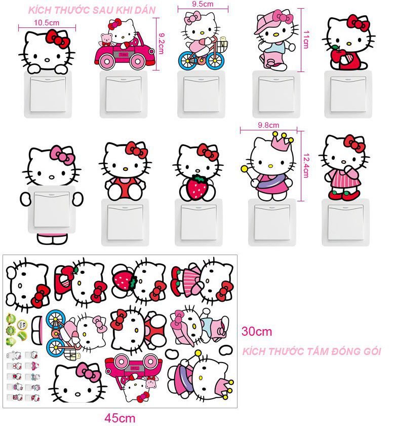10 hình dán công tắc Mèo kitty dễ thương ngộ nghĩnh có keo sẵn