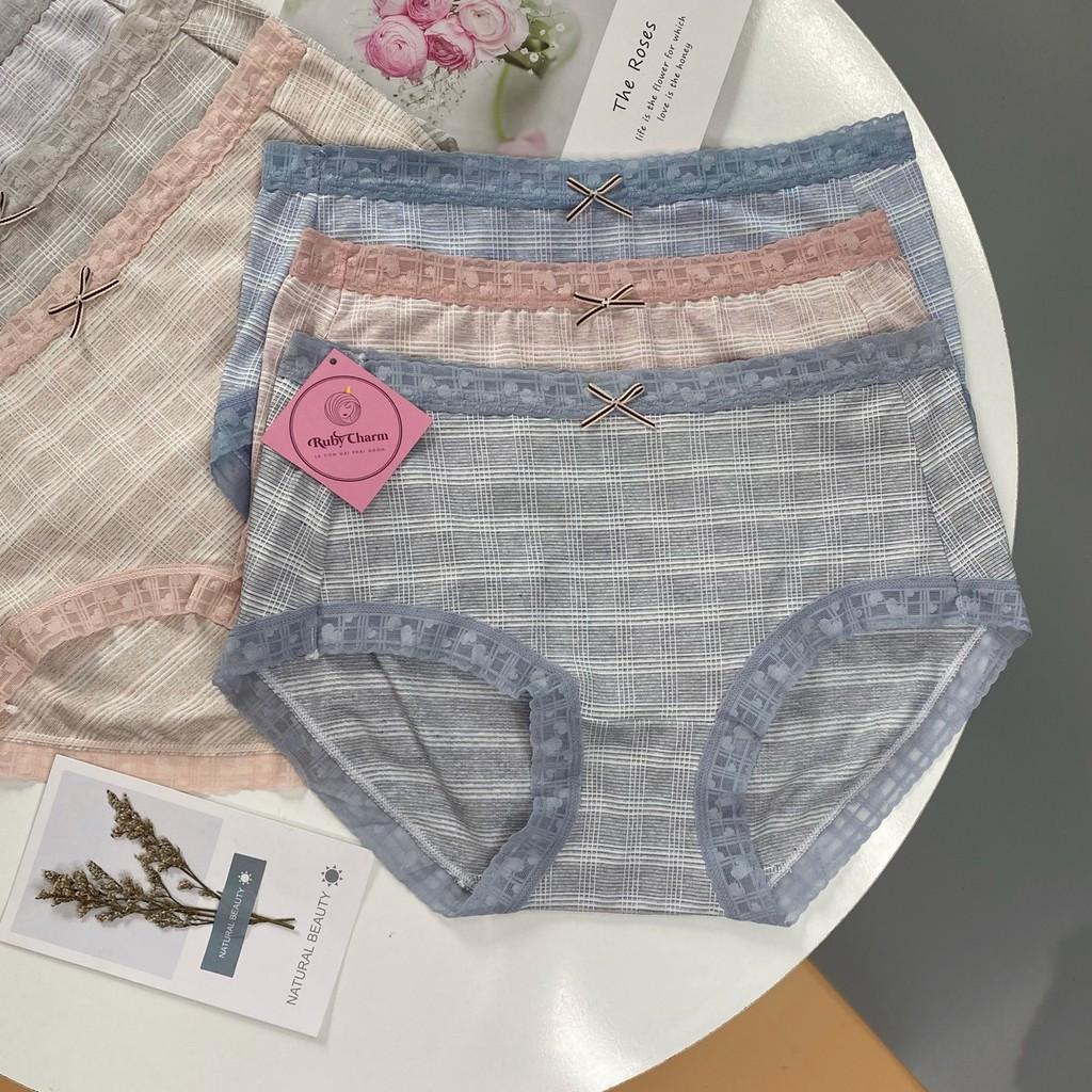 Quần lót cotton co giãn viền ren kẻ ngang đính nơ mềm mịn thoáng mát