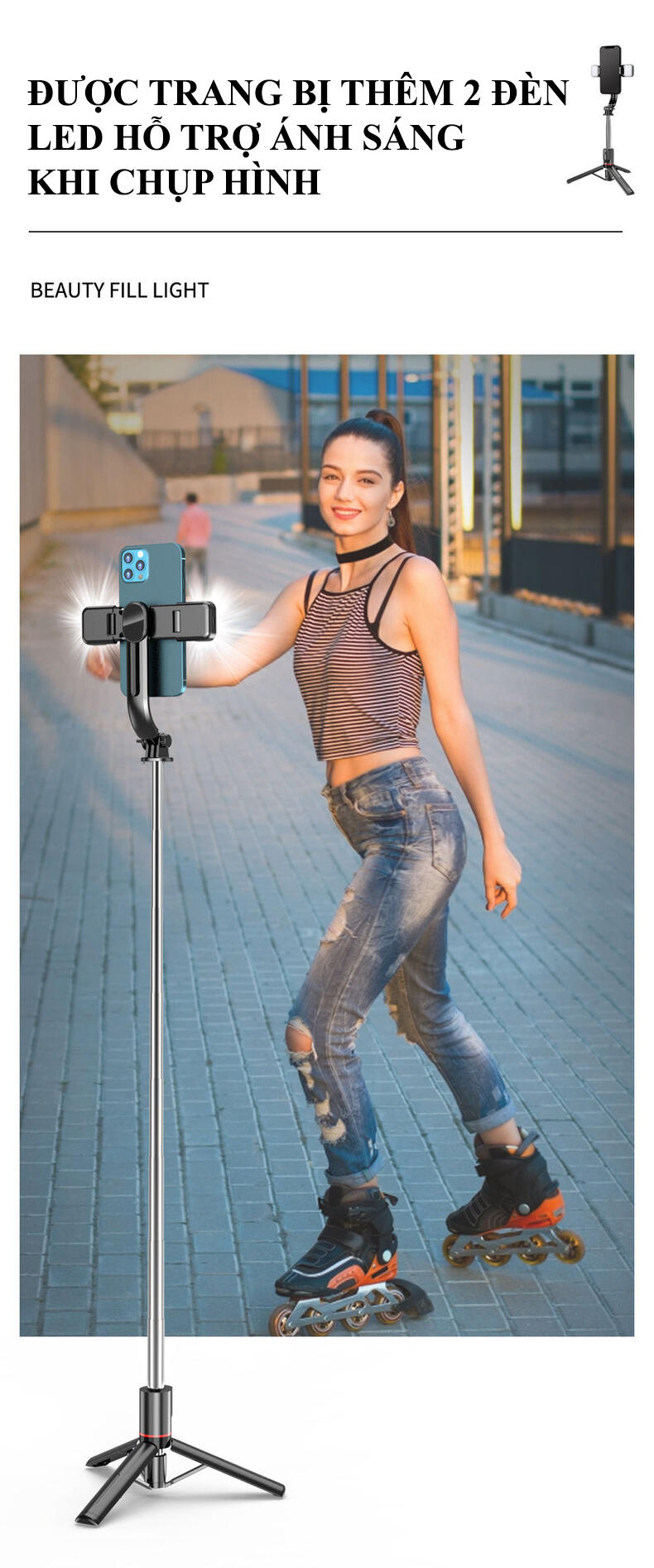 Gậy chụp ảnh selfie L13D gấp gọn tích hợp tripod 3 chân có thể kéo dài đến 1160mm với 2 đèn led hỗ trợ ánh sáng và remote không dây