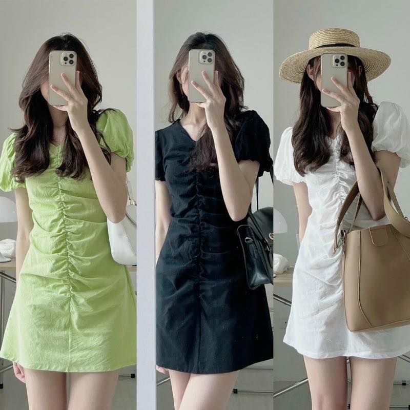ĐẦM SUÔNG TRƠN CỔ V TAY BỒNG NGẮN