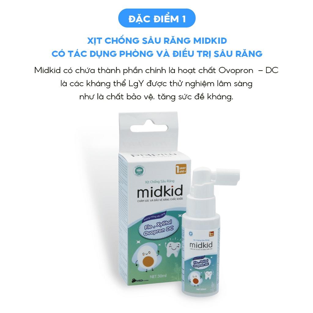 Xịt chống sâu răng Midkid cho bé từ 1 tuổi giúp bảo vệ men răng, ngăn ngừa ố vàng, mảng bám, hôi miệng, sâu kẽ, hà mủn, viêm lợi