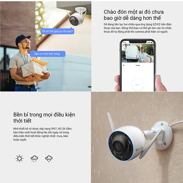 Camera Wifi EZVIZ Ngoài Trời H3 3MP 2K Siêu Nét, Tích Hợp AI Nhận Diện Người Và Xe, Màu Ban Đêm, Đàm Thoại 2 Chiều - Hàng chính hãng