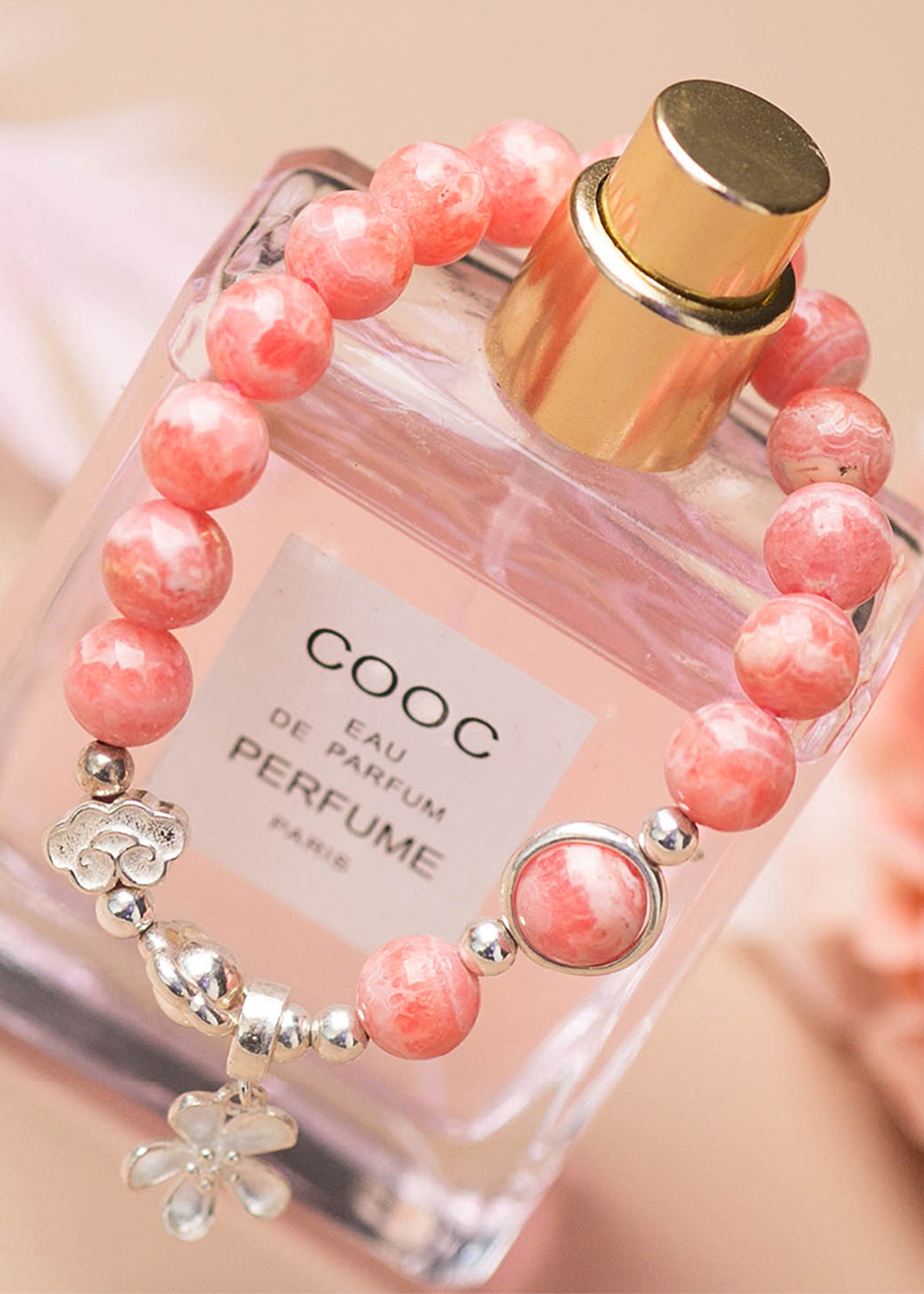 Vòng tay đá Rhodochrosite phối charm hoa mệnh hỏa, thổ - Ngọc Quý Gemstones