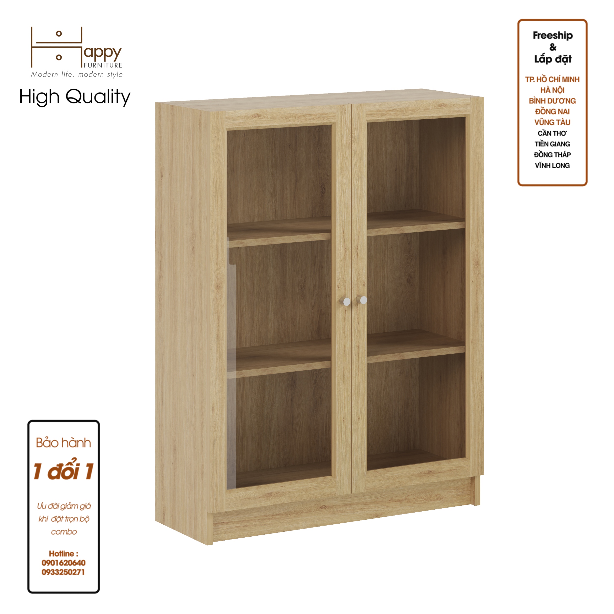 [Happy Home Furniture] CATY, kệ sách 3 tầng cửa kính,  80cm x 30cm x 106cm (DxRxC), KSA_012