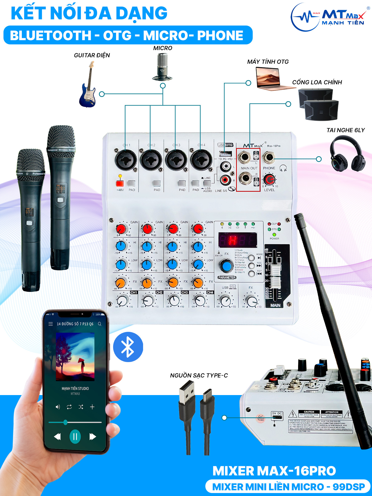 Mixer Mini MTMAX Max-16Pro - Tích Hợp Nguồn 48V, 99 Hiệu Ứng DSP, Hát Livestream, Thu Âm, Karaoke Với Dàn Âm Thanh Hàng Chính Hãng