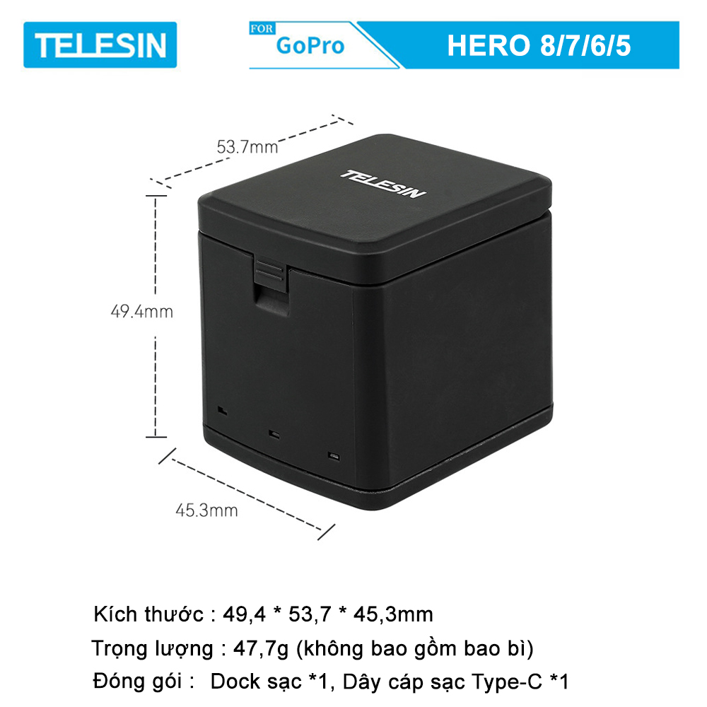 Dock sạc 3 Telesin cho GoPro Hero 8/7/6/5