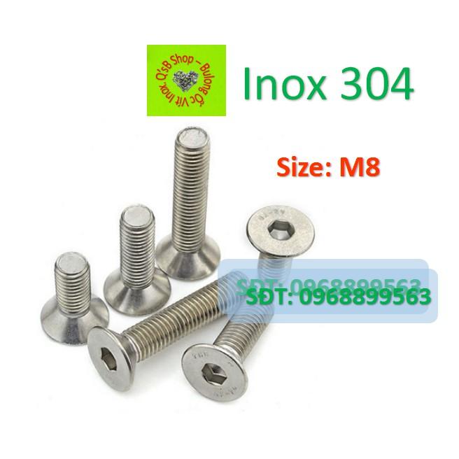 Bulong lục giác chìm đầu bằng inox size M8. Ốc lục giác chìm đầu non inox, inox 304