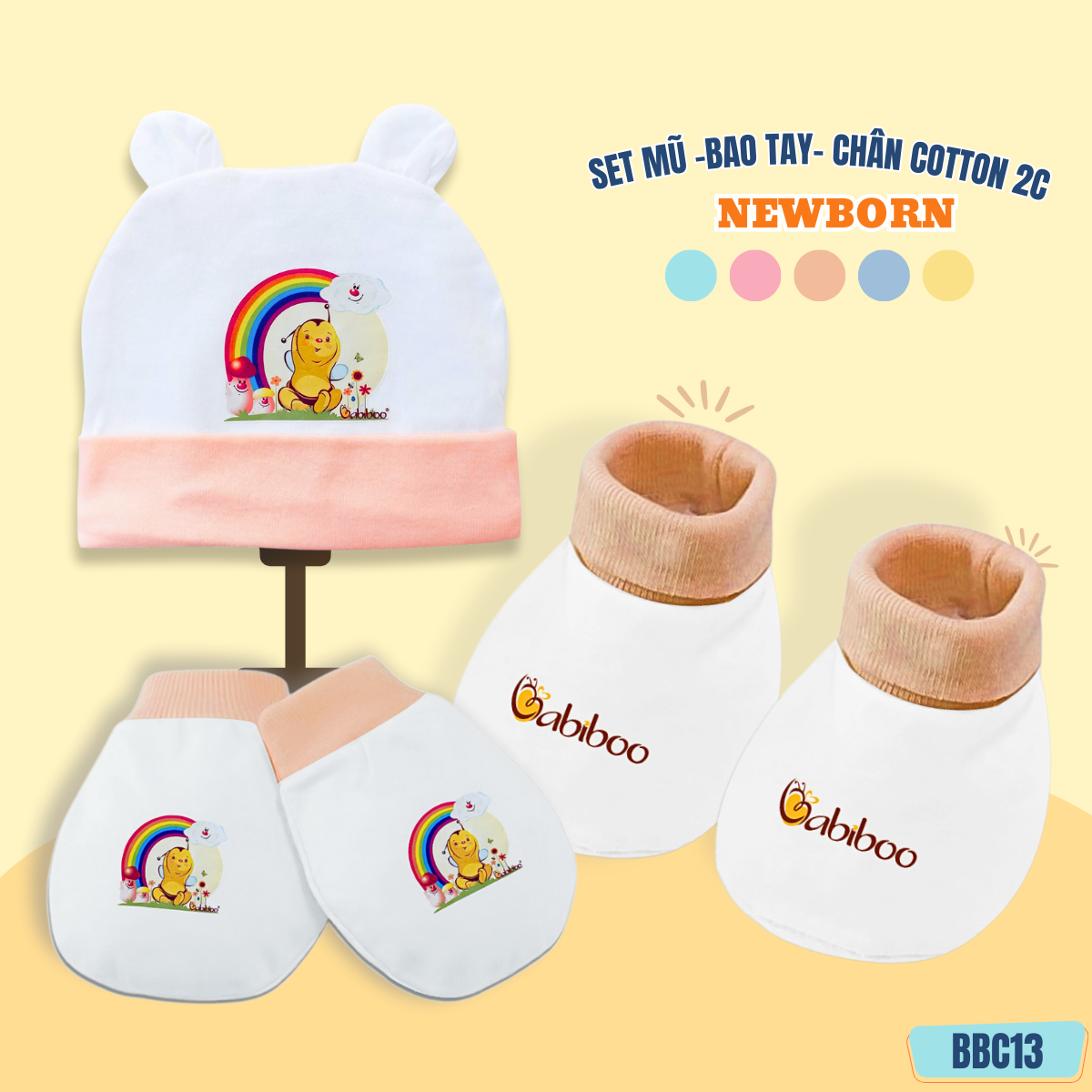 Set nón- bao tay - bao chân cho bé sơ sinh vải cotton mềm mại, trắng viền màu an toàn cho da BBC13