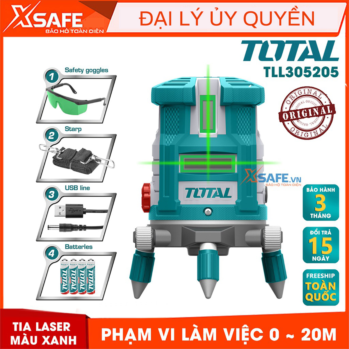 Máy đo mức cân bằng tia lade TOTAL TLL305205 Phạm vi làm việc 0 ~ 20 m, thước ke góc 1 tia ngang, 4 tia dọc