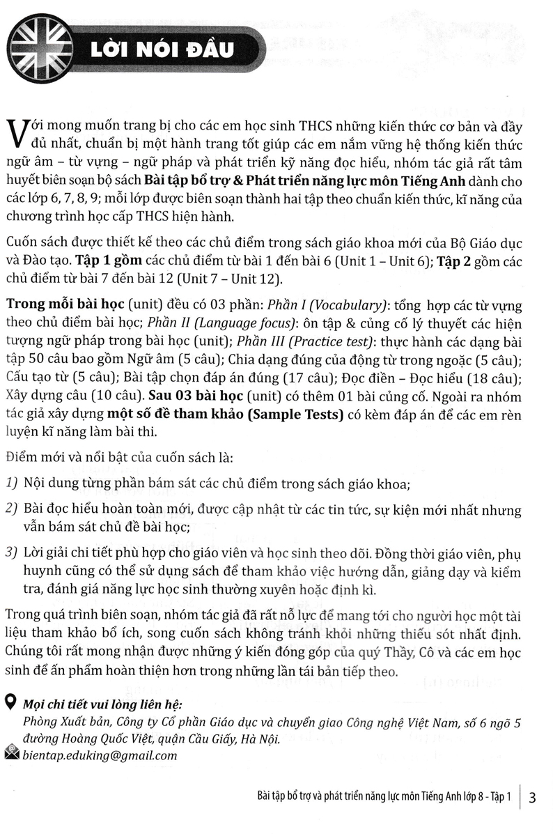 Bài Tập Bổ Trợ Và Phát Triển Năng Lực Môn Tiếng Anh Lớp 8 - Tập 1 (Dành Cho Học Sinh Tự Ôn Luyện Nâng Cao Kiến Thức)_EDU