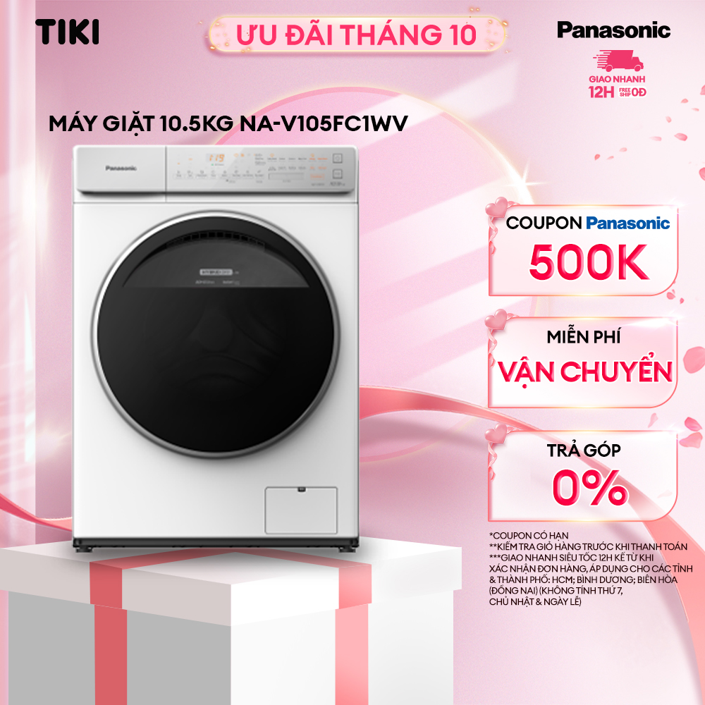 Máy Giặt Cửa Trước Panasonic 10,5 Kg NA-V105FC1WV - Sấy Diệt khuẩn 99% - Cảm Biến Thông Minh - Hàng Chính Hãng (Trắng)