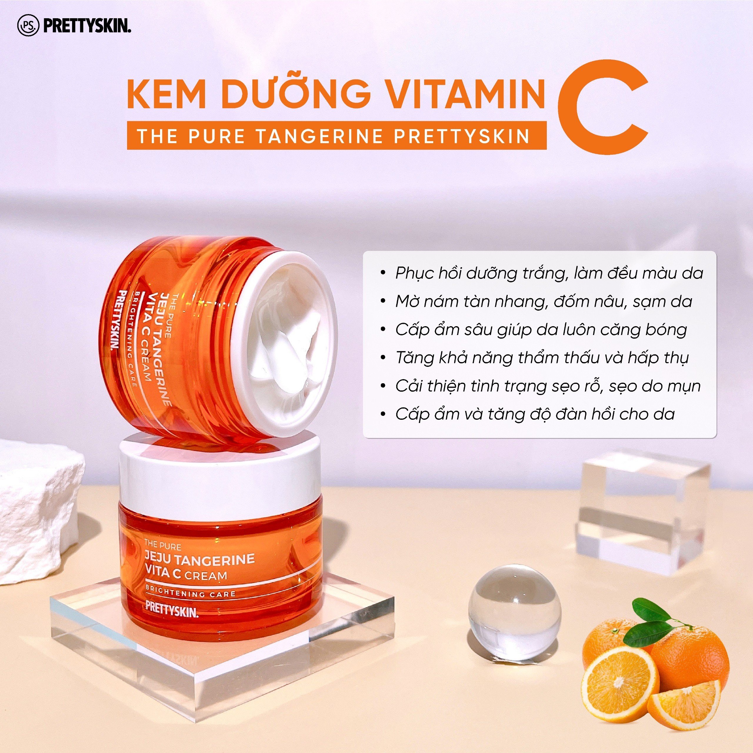 Kem Dưỡng Sáng Da, Phục Hồi Cấp Ẩm Vitamin C Pretty Skin 52ml The Pure Jeju Tangerine Vita C