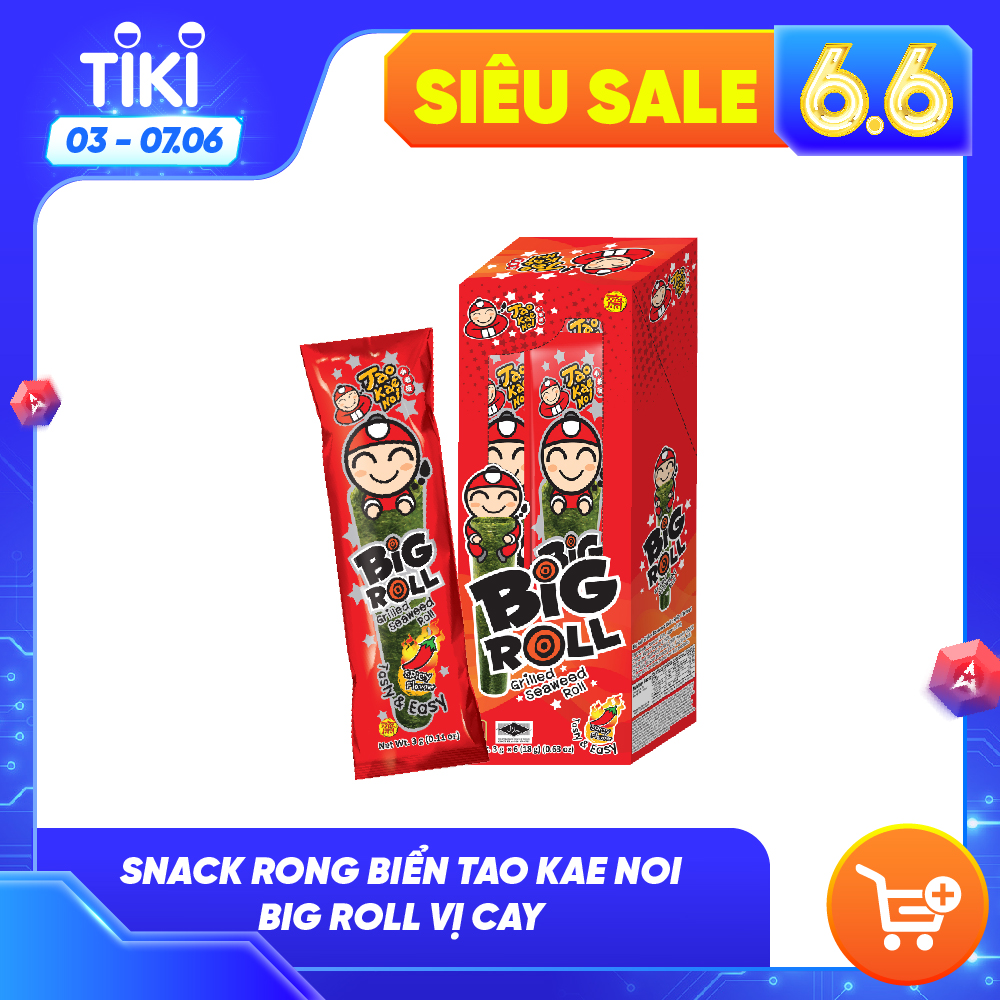 Hộp 6 gói Snack rong biển Tao Kae Noi Big Roll vị cay (3,6g)