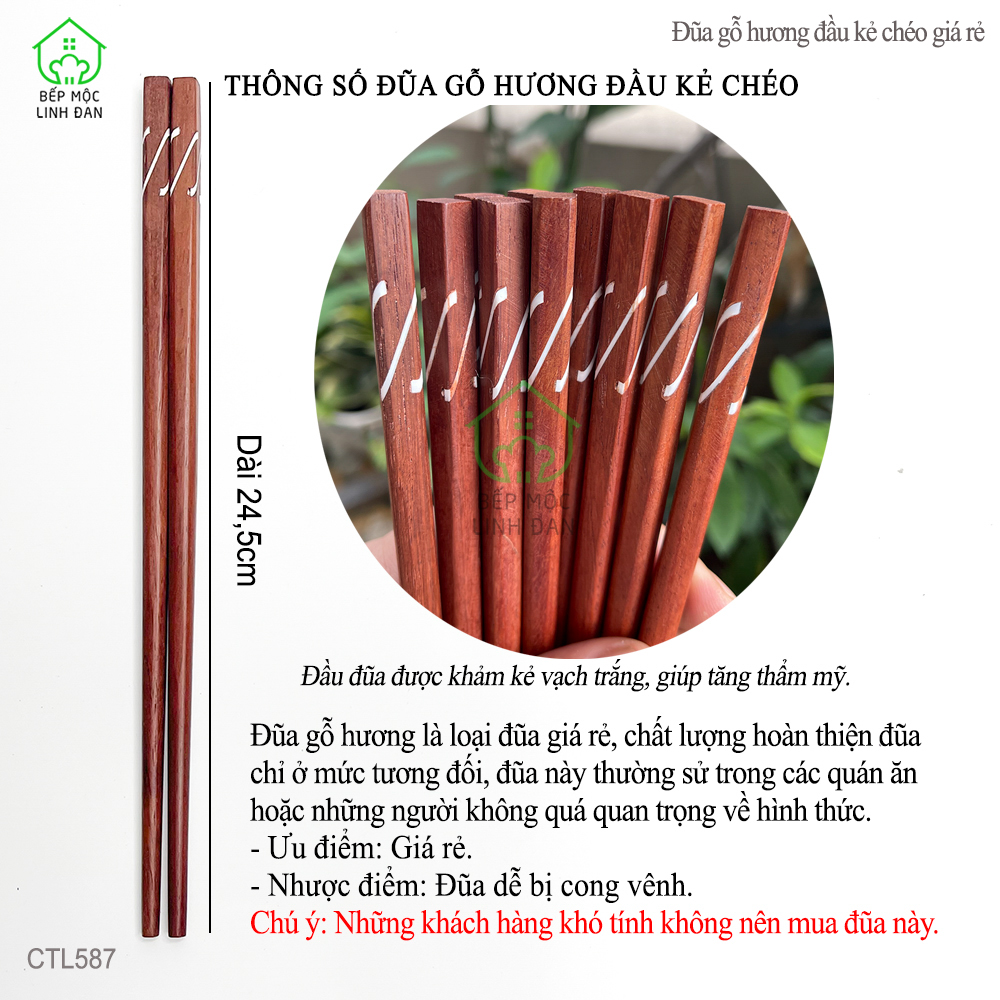 Đũa ăn cơm gỗ tự nhiên khảm chéo HAHANCO [CTL587] Bộ 10 đôi không hóa chất nhuộm tẩy