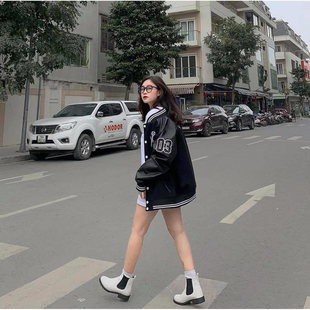 Áo Khoác Bomber Nỉ Dáng Thể Thao Tay Phối Da Năng Động Unisex