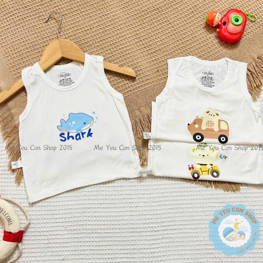 [4-14kg] Áo Ba Lỗ Sát Nách Trắng Kem Chất THUN LẠNH PETIT In Hình Dễ Thương Cho Bé