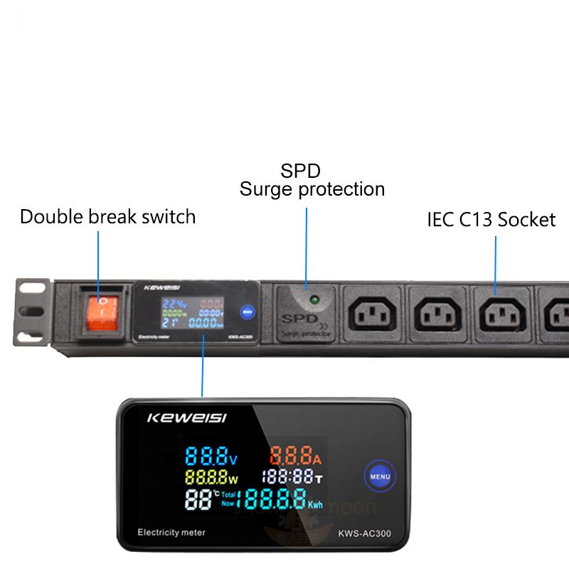 Dải nguồn IEC C14 với đồng hồ kỹ thuật số V/A/W/℃ Bảo vệ chống sét lan truyền Bộ phân phối nguồn PDU Ổ cắm 2-7 cách