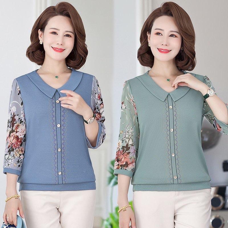 Áo kiểu trung niên nữ đẹp, Sơ mi tay phối họa tiết voan hoa cổ bẻ, Chất liệu thun cotton mềm mát, Quà xinh tặng mẹ yêu