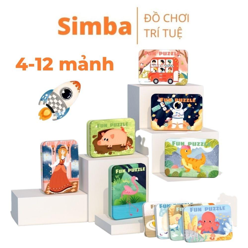 Xếp hình gỗ 4-12 mảnh đồ chơi xếp hình hộp thiếc nhiều chủ đề cho bé