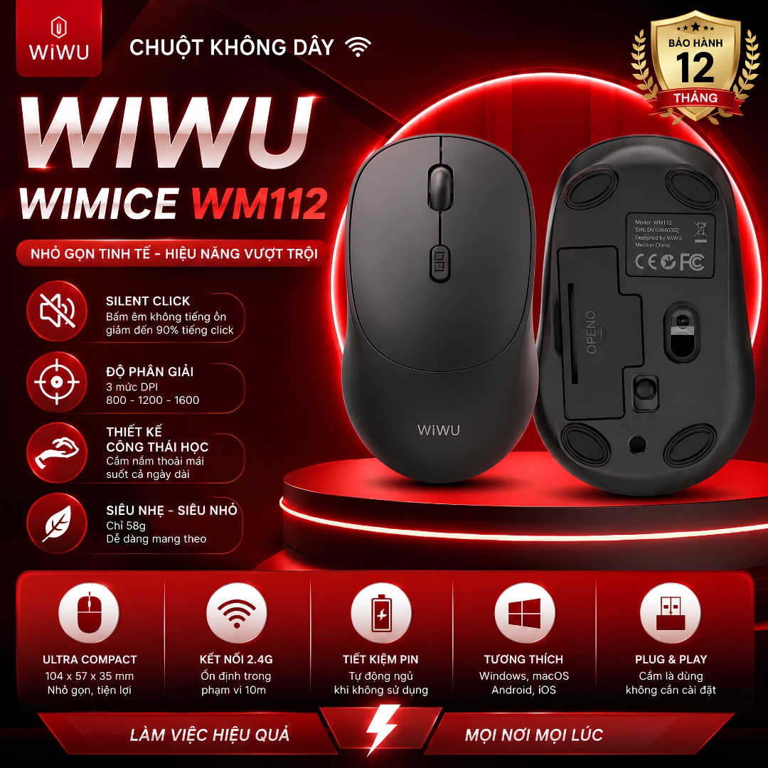 Chuột không dây máy tính Công nghệ PrecisionFlow Wireless 2.4G Mouse WIWU WM112 - Silent Click Êm Ái Tương Thích MacBook Windows Laptop, 2.4G SIÊU ỔN ĐỊNH | DPI 800-1200-1600 | SIÊU NHẸ 58G - Hàng nhập khẩu