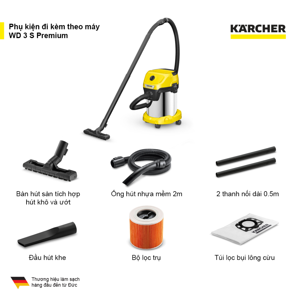 Máy hút bụi đa năng khô và ướt WD 3 S Premium dành cho Karcher - Công suất 1000W - Hàng Chính Hãng