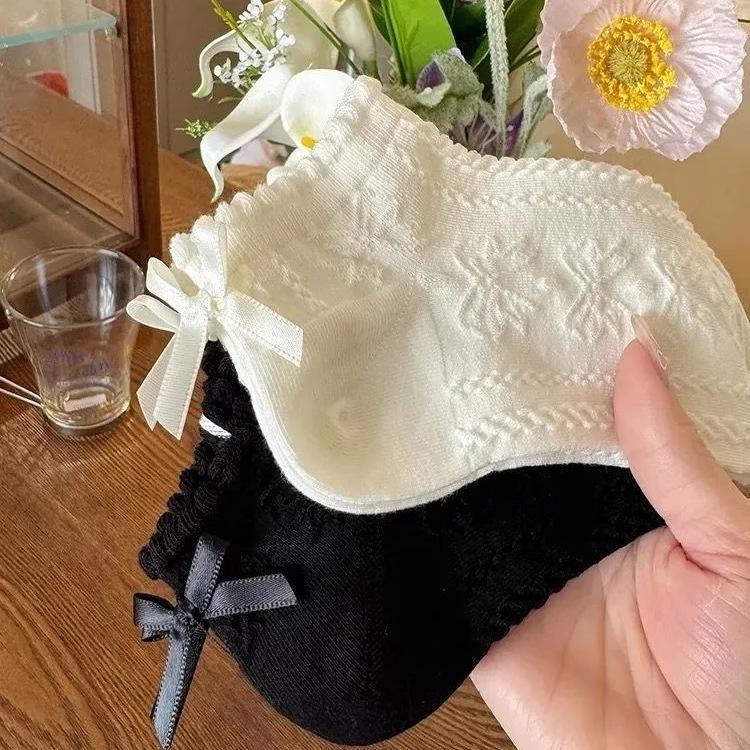 [Sỉ lẻ] TẤT DỆT KIM CỔ NGẮN CỔ SÓNG GÂN NƠ DẬP NỔI, phong cách Lolita Nhật Bản công chúa, vintage co giãn thoáng khí